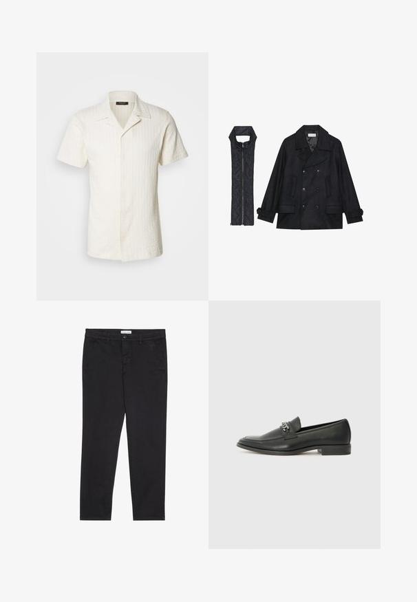 Crni vuneni kaput s dvostrukim kopčanjem i velikim ovratnikom, uparen s crnim bezrukavnim jaknom od mrežastog materijala sa zatvaračem na patent.; Košulja s kratkim rukavima, s kragnom u off-white teksturiranom pamučnom materijalu, s vertikalnim prugama i punim gumbima sprijeda.; Crne pamučne hlače uskog kroja, s dva bočna džepa i prednjim zatvaranjem na dugme. Teksturirana tkanina s suptilnim detaljima.; Crna kožna loafer cipela s glatkom finišem, s ušivenim uzorkom i dekorativnim metalnim lancem preko prednjeg dijela. Ravni potplat.