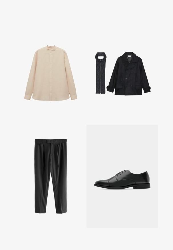 Čierny vlnený peacoat s dvojradovým zapínaním a veľkým golierom, skombinovaný s čiernou prešívanou vestou bez rukávov s rázporkom na zips.; Svetlo béžová dlhá košeľa s golierom na band, s gombíkmi vpredu a priamym strihom. Mäkká textúra látky, uvoľnený strih a bez viditeľných vzorov.; Next REGULAR FIT -CHECK SMART - Nohavice chinos - black; Čierne kožené spoločenské topánky s okrúhlou špičkou, šnurovací dizajn, jemné prešívanie a nízky podpätok. Hladká štruktúra s lesklým povrchom.