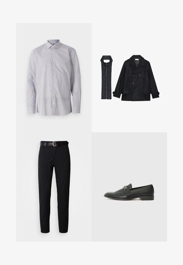 Black woolen peacoat with double-breasted buttons and large collar, paired with a sleeveless black quilted vest featuring a zip closure.; Long-sleeve shirt in white with a black geometric pattern, featuring a classic collar, button placket, and soft cotton fabric.; Black trousers with a straight cut, featuring a smooth texture and a black leather belt with a silver buckle. Simple design, no patterns or accents.; Black leather loafer with a smooth finish, featuring a stitched design and a decorative metal chain accent across the vamp. Flat heel.