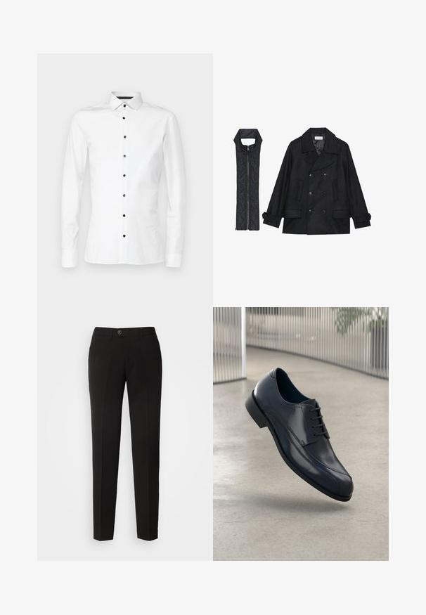 Schwarzer wollener Peacoat mit doppelt geknöpften Knöpfen und großem Kragen, kombiniert mit einer ärmellosen schwarzen gesteppte Weste mit Reißverschluss.; OLYMP No. Six PERFORMANC - Businesshemd - weiss; Schwarze gerade geschnittene Hose aus glattem Stoff mit einem Knopfverschluss und seitlichen Taschen im klassischen Design.; Glänzender schwarzer Leder-Dressschuh mit Schnürsenkeln, schwebend über einem glatten, hellgrauen Boden und vertikalen Metallstäben im Hintergrund.