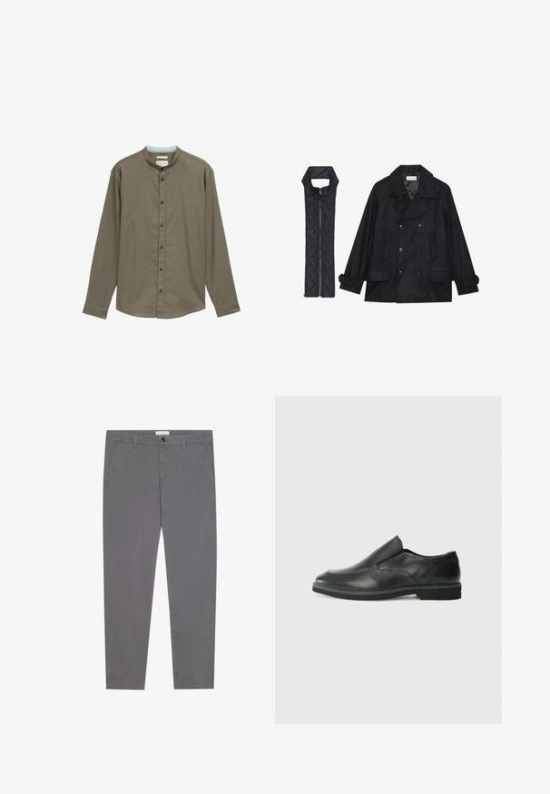 Zwarte wollen peacoat met dubbele knopen en grote kraag, gecombineerd met een mouwloze zwarte gewatteerde vest met ritssluiting.; Bruine langoeve shirt met een staande kraag, knoopsluiting en subtiele textuur. Voorzien van donkere knopen en een lichtblauwe binnenkraag.; Grijze katoenen broeken met een slim fit, voorzien van twee zijzakken, een enkele achterzak en een knoopsluiting aan de taille.; Zwarte leren instapper met een soepele bovenkant, gestikte accenten, ronde neus en een lage rubberen hak. De zool heeft minimale profiel.