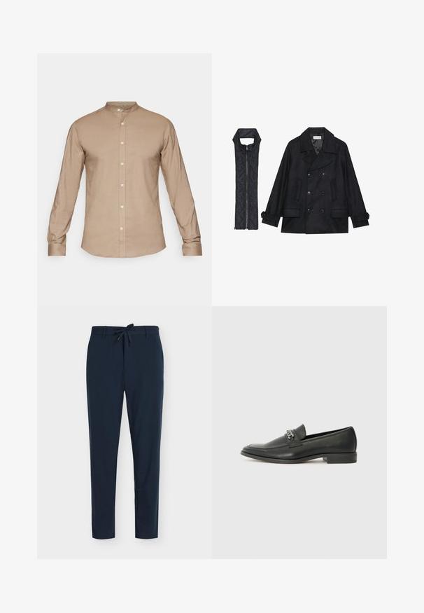 Fekete gyapjú peacoat dupla gombolással és nagy gallérral, melyet egy ujjatlan fekete steppelt mellénnyel párosítanak, amely cipzárral záródik.; Beige színű, hosszú ujjú ing, gombos elülső résszel és sima textúrával. Diszkrét fénytiszta, standard mandzsettákkal rendelkezik, és nincs rajta minta.; Sötétkék, sima anyagból készült nadrág, húzózsinóros derékkal, függőleges vékony csíkmintával és szűkülő szárú kialakítással.; Fekete bőr loaferek sima felülettel, varrott mintával és díszítő fém lánccal a cipő elején. Lapos sarok.