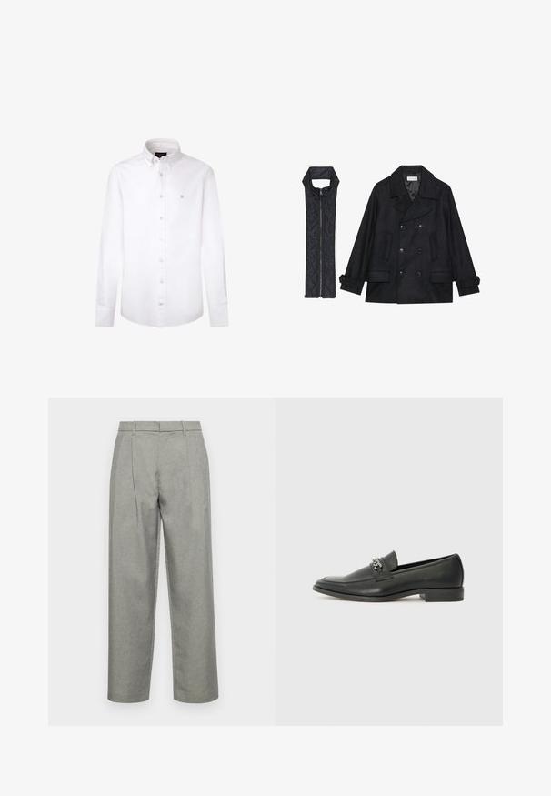Zwarte wollen peacoat met dubbele knopen en grote kraag, gecombineerd met een mouwloze zwarte gewatteerde vest met ritssluiting.; Witte langarmshirt gemaakt van katoen. Heeft een klassieke button-down kraag, knoppen aan de voorkant en een klein blauw logo op de linkerborst.; Grijze op maat gemaakte broeken van gestructureerde stof, met een klassieke rechte pijpdesign, voorplooien en een standaard tailleband met riemlussen.; Zwarte leren instapper met een gladde afwerking, voorzien van een gestikt ontwerp en een decoratieve metalen kettingaccent over de wreef. Platte hak.