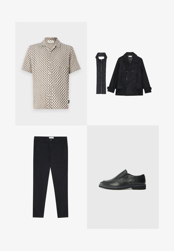 Čierny vlnený peacoat s dvojradovým zapínaním a veľkým golierom, skombinovaný s čiernou prešívanou vestou bez rukávov s rázporkom na zips.; Košeľa na gombíky s krátkym rukávom, ktorá má béžovo-čierny kockovaný vzor, vyrobená z textúrnej tkaniny s náprsníkom.; Čierne nohavice so strihom rovného nohu, vyrobené z bavlnenej tkaniny. Obsahujú dve predné vrecká a zapínanie na gombík v pase.; Čierny kožený nazúvací topánka s hladkým zvrškom, prešitými akcentmi, zaoblenou špičkou a nízkym gumovým podpätkom. Podošva má minimálny dezén.