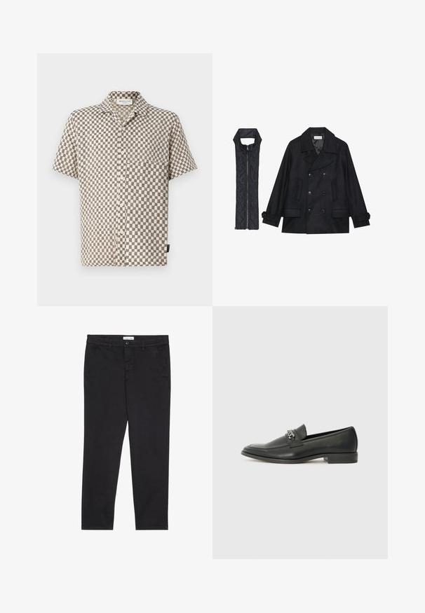 Juodas vilnonis pikoatė su dvigubais mygtukais ir dideliu apykakle, derinamas su juodu be rankovių pūkine liemene su užtrauktuku.; Trumpos rankovės mygtukų marškiniai su smėlio ir juodo langelių raštu, pagaminti iš tekstūruotos medžiagos, su krūtinės kišene.; Juodos medvilnės kelnės su siauru pjūviu, turinčios dvi šonines kišenes ir priekinį mygtuko užsegimą. Audinys tekstūruotas su subtiliomis detalėmis.; Juodos odinės loafer tipo bateliai su lygiu paviršiumi, turintys siuvinėtą dizainą ir dekoratyvų metalo grandinėlės akcentą ant batų viršaus. Plokščias kulnas.