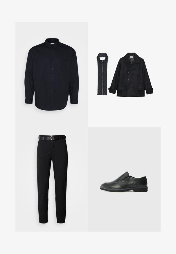 Schwarzer wollener Peacoat mit doppelt geknöpften Knöpfen und großem Kragen, kombiniert mit einer ärmellosen schwarzen gesteppte Weste mit Reißverschluss.; Pier One Hemd - black; Schwarze, gerade geschnittene Hose mit glatter Textur und einem schwarzen Ledergürtel mit silberner Schnalle. Einfaches Design, ohne Muster oder Akzente.; Schwarze Leder-Slipper mit glattem Obermaterial, gesteppten Akzenten, runder Zehenpartie und niedrigem Gummiabsatz. Die Sohle hat ein minimales Profil.