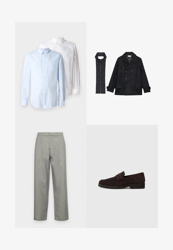 Black woolen peacoat with double-breasted buttons and large collar, paired with a sleeveless black quilted vest featuring a zip closure.; Two long-sleeve shirts: one light blue with vertical stripes, and one solid white. Both feature button-up fronts and collar details.; Gray tailored trousers made of textured fabric, featuring a straight-leg design, front pleats, and a standard waistband with belt loops.; Brown suede loafers with a low profile and rounded toe. Features a decorative strap across the upper, flat rubber sole, and no visible stitching.