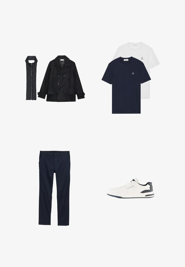 Mustast villast peacoat, millel on topelt nööbid ja suur krae, koos musta ilma varrukateta tikkimisega vestiga, millel on lukuga sulgemine.; Kaks t-särki: üks tume sinine ringikujulise logoga, teine valge, millel on väike ankru kujundus. Valmistatud puuvillast, lühikeste varrukatega.; Tumed sinine kerged püksid, millel on sile tekstuur, sirge sääre disain, nööbiga sulgemine ja küljetaskud.; Valged tennisetossud tekstuuriga pealispinnaga, mustade aktsentidega kanna ja keele piirkonnas ning kummist tallaga, millel on tume triip. Sidumispaelad ja augud on lisatud.