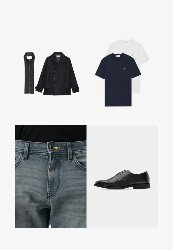 Črn volnen plašč z dvojnimi gumbi in velikim ovratnikom, v kombinaciji z brezrokavnikom iz črnega prešitega materiala z zadrgo.; Dve majice: ena temno modra s krožnim logotipom, druga bela z majhnim dizajnom sidra. Narejene so iz bombaža, kratke rokave.; Bledi modri kavbojki z gumbom za zapiranje, rumeno obrobo ob pasu in klasičnim dizajnom s petimi žepi. Tekstura se zdi mehka in obrabljena.; Črne usnjene moške čevlje z zaobljenim nosom, s sistemom vezalk, diskretnimi šivi in nizkih petah. Gladka tekstura s sijočim zaključkom.