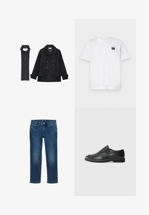 Abrigo de lana negra con botones de doble fila y gran cuello, combinado con un chaleco negro acolchado sin mangas con cierre de cremallera.; Camiseta blanca de algodón con cuello redondo y mangas cortas. En el frente tiene una pequeña etiqueta negra con texto y un diseño rectangular.; Jeans de pierna recta para hombre en denim azul oscuro, con un diseño clásico de cinco bolsillos, sutil desgaste y cierre de botón.; Zapato negro de cuero sin cordones con un upper suave, detalles de costura, punta redonda y un bajo tacón de goma. La suela presenta una tracción mínima.