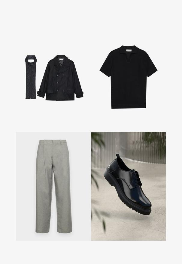 Fekete gyapjú peacoat dupla gombolással és nagy gallérral, melyet egy ujjatlan fekete steppelt mellénnyel párosítanak, amely cipzárral záródik.; Fekete, rövid ujjú pólóing texturált, bordázott anyagból, v-nyakkivágással és egyenes aljjal. Nincsenek látható logók vagy minták.; Szürke, fazonra készült nadrág texturált anyagból, egyenes szárú kialakítással, elöl redőkkel, és normál derékpánttal, övbujtatókkal.; Fekete bőr cipő fényes felülettel, kerek orral, fűzős kialakítással, kontrasztos varrással és vastag gumitalppal, amelyen barázdák találhatók.
