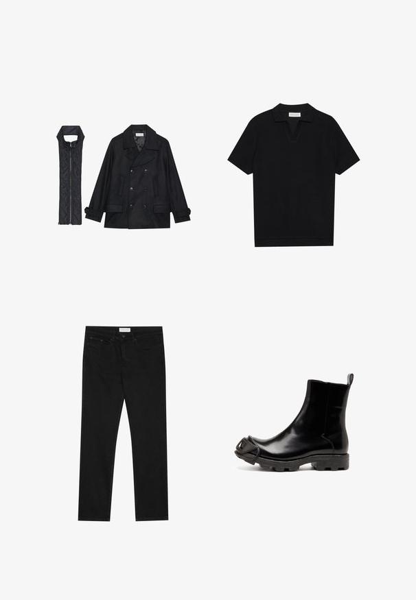 Černý vlněný kabát s dvojitými knoflíky a velkým límcem, doplněný bezrukávovou černou prošívanou vestou se zapínáním na zip.; Černé polo tričko s krátkým rukávem vyrobené z texturované pleteniny, které má lodičkový výstřih a rovný lem. Žádné viditelné logo ani vzory.; Černé rovné džíny s pěti kapsami, zapínání na knoflík a zip, a štítek značky Pier One na pase.; Černé gumové kotníkové boty s lesklým povrchem, mají zaoblenou špičku a osobitý, tvarovaný prvek na špičce. Texturovaná černá podrážka.