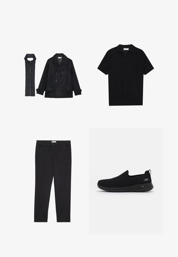 Čierny vlnený peacoat s dvojradovým zapínaním a veľkým golierom, skombinovaný s čiernou prešívanou vestou bez rukávov s rázporkom na zips.; Čierna polo tričko s krátkymi rukávmi, vyrobené z textúrovaného, rebrovaného materiálu, s véčkovým výstrihom a rovnými okrajmi. Bez viditeľných log a vzorov.; Čierne bavlnené nohavice so štíhlym strihom, vybavené dvoma bočnými vreckami a predným zapínaním na gombík. Textúrovaná tkanina s jemným detailovaním.; Čierne slip-on tenisky s priedušným vrchným materiálom z twitteru, okrúhlou špičkou a polstrovanou gumovou podošvou. Na boku sa nachádza logo.