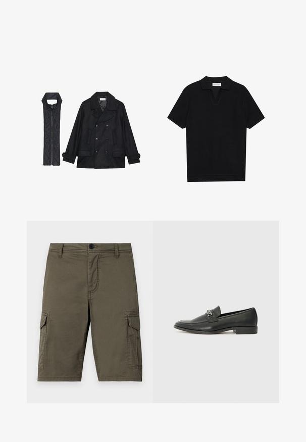 Melnā vilnas jaka ar dubulto pogu rindas un lielu apkakli, apvienota ar bez piedurknēm melnu piepūšamā vesta ar rāvējslēdzēju.; Melns īsām piedurknēm polo krekls ar teksturētu, ribotu audumu, ar V veida kakla izgriezumu un taisnu apakšmalu. Bez redzamām emblēmām vai rakstiem.; Oliņu zaļi cargo šorti, izgatavoti no teksturēta auduma, ar divām sānu kabatām un priekšējo pogu aizdari. Vidēja garuma ar taisnu griezumu.; Melna ādas loafer izmēra apavi ar gludu virsmu, piedāvā ar šūtu dizainu un dekoratīvu metāla ķēdes akcentu pār vampu. Plakana papēža daļa.