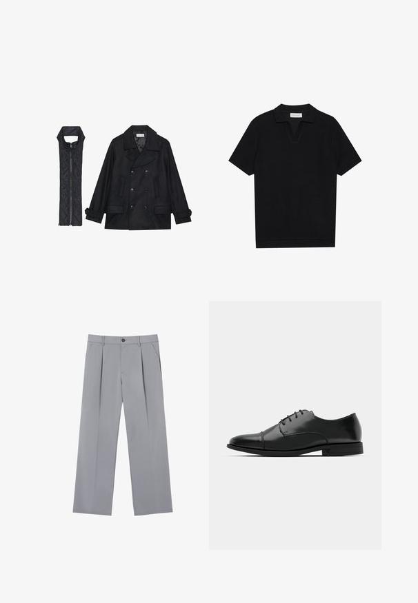 Černý vlněný kabát s dvojitými knoflíky a velkým límcem, doplněný bezrukávovou černou prošívanou vestou se zapínáním na zip.; Černé polo tričko s krátkým rukávem vyrobené z texturované pleteniny, které má lodičkový výstřih a rovný lem. Žádné viditelné logo ani vzory.; Šedé skládací kalhoty s volným střihem, vyrobené z lehkého materiálu. Obsahují přední kapsy a knoflíkovou uzávěrku v pase.; Černé kožené společenské boty s kulatou špičkou, šněrováním, jemnými švy a nízkým podpatkem. Hladký povrch s lesklým finišem.