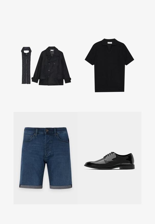 Fekete gyapjú peacoat dupla gombolással és nagy gallérral, melyet egy ujjatlan fekete steppelt mellénnyel párosítanak, amely cipzárral záródik.; Fekete, rövid ujjú pólóing texturált, bordázott anyagból, v-nyakkivágással és egyenes aljjal. Nincsenek látható logók vagy minták.; Sötétkék farmer rövidnadrág, rolled szürke szegéllyel. Klasszikus öt zsebes dizájn és gombos záródás a derékon.; Fekete lakkbőr félcipő lekerekített orral, fűzős kialakítással és sima, fényes felülettel. Alacsony profilmagasságú gumitalppal rendelkezik.