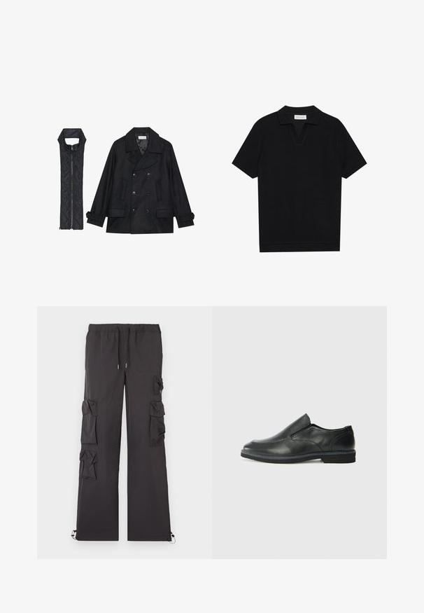 Zwarte wollen peacoat met dubbele knopen en grote kraag, gecombineerd met een mouwloze zwarte gewatteerde vest met ritssluiting.; Zwarte polo met korte mouwen van een gestructureerde, ribbelstof, met een V-hals en een rechte zoom. Geen zichtbare logo's of patronen.; Zwarte cargo broek met een trekkoord in de taille, voorzien van meerdere zakken aan de zijkanten en elastische manchetten bij de enkels. Lichtgewicht stof.; Zwarte leren instapper met een soepele bovenkant, gestikte accenten, ronde neus en een lage rubberen hak. De zool heeft minimale profiel.