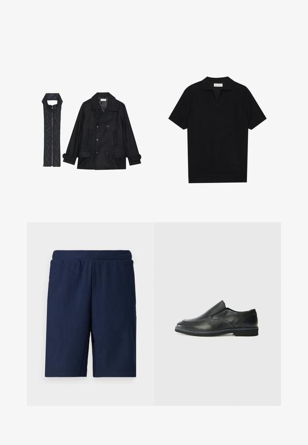 Juodas vilnonis pikoatė su dvigubais mygtukais ir dideliu apykakle, derinamas su juodu be rankovių pūkine liemene su užtrauktuku.; Juodas trumpas rankovėmis polo marškinėliai su tekstūruota, grioveliais audiniu, turi V formos iškirptę ir tiesų apačią. Nėra matomų logotipų ar raštų.; Tamsiai mėlynos sportinės šortai su raukšlėta tekstūra, elastingu juosmeniu ir tiesiu kirpimu, sukurti patogumui ir judėjimo laisvei.; Juodai odiniai įtvirtinimo batai su lygiu paviršiumi, siuvinėjimo akcentais, apvalia nosimi ir žemu guminiu kulnu. Pado raštas minimalus.