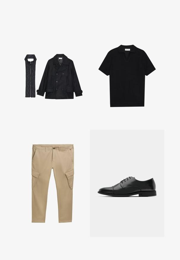 Zwarte wollen peacoat met dubbele knopen en grote kraag, gecombineerd met een mouwloze zwarte gewatteerde vest met ritssluiting.; Zwarte polo met korte mouwen van een gestructureerde, ribbelstof, met een V-hals en een rechte zoom. Geen zichtbare logo's of patronen.; Beige cargo broek met meerdere zakken, een rits sluiting en ceintuurlussen. Gemaakt van katoen, hebben ze een rechte pijp en subtiele stiksels.; Zwarte leren dresschoenen met een ronde neus, vetersluiting, subtiele stiksels en een lage hak. Glad oppervlak met gepolijste afwerking.