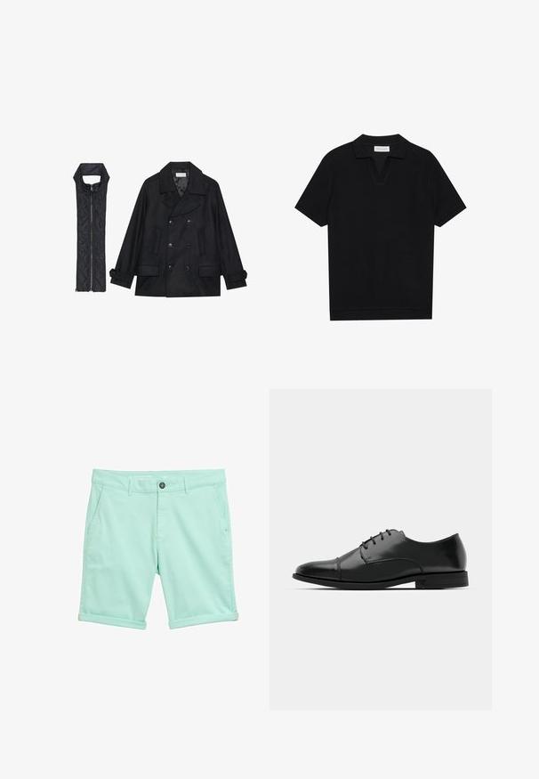 Melnā vilnas jaka ar dubulto pogu rindas un lielu apkakli, apvienota ar bez piedurknēm melnu piepūšamā vesta ar rāvējslēdzēju.; Melns īsām piedurknēm polo krekls ar teksturētu, ribotu audumu, ar V veida kakla izgriezumu un taisnu apakšmalu. Bez redzamām emblēmām vai rakstiem.; Gai zila džinsi, kas izgatavoti no viegla auduma, ar pogu aizdari, divām priekšējām kabatām un sarullētām maliņām relaksētai piegulšanai.; Melnas ādas vadmalas kurpes ar noapaļotu purngalu, saistījuma dizains, smalkas izšuvumu detaļas un zema papēža. Gluda tekstūra ar spīdīgu apdari.