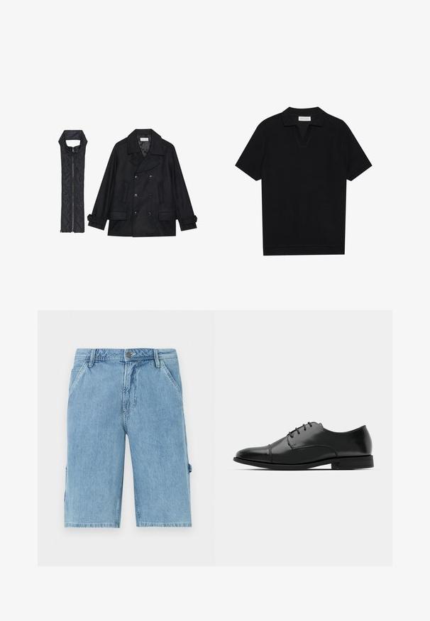 Abrigo de lana negra con botones de doble fila y gran cuello, combinado con un chaleco negro acolchado sin mangas con cierre de cremallera.; Polo de manga corta negro con tejido texturizado y acanalado, con escote en forma de V y dobladillo recto. Sin logos ni patrones visibles.; Pantalones cortos de mezclilla azul claro con corte recto, que cuentan con bolsillos frontales y un bolsillo lateral tipo cargo, mostrando una textura desgastada y presillas para cinturón en la cintura.; Zapato de vestir de cuero negro con punta redondeada, diseño con cordones, detalles de costura sutiles y un tacón bajo. Textura suave con acabado pulido.