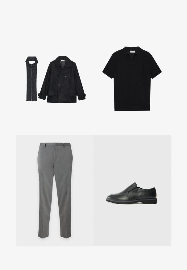 Melnā vilnas jaka ar dubulto pogu rindas un lielu apkakli, apvienota ar bez piedurknēm melnu piepūšamā vesta ar rāvējslēdzēju.; Melns īsām piedurknēm polo krekls ar teksturētu, ribotu audumu, ar V veida kakla izgriezumu un taisnu apakšmalu. Bez redzamām emblēmām vai rakstiem.; Pelēki pielāgoti bikses ar smalku zvīņveida faktūru, taisna griezuma un jostas cilpām. Iespējami presēti kroki eleganta izskata nodrošināšanai.; Melnas ādas slip-on kurpes ar gludu augšdaļu, izšūtām akcentiem, noapaļotu purngala daļu un zemu gumijas papēdi. Zole ar minimālu rakstu.