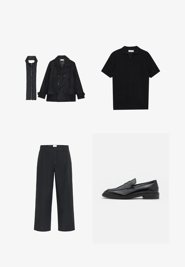 Zwarte wollen peacoat met dubbele knopen en grote kraag, gecombineerd met een mouwloze zwarte gewatteerde vest met ritssluiting.; Zwarte polo met korte mouwen van een gestructureerde, ribbelstof, met een V-hals en een rechte zoom. Geen zichtbare logo's of patronen.; Matinique MACHINO PLEAT - Broek - black; Zwarte leren instappers met een gladde afwerking, voorzien van een ronde neus en een smalle band over de bovenkant. Lage gestapelde hak.