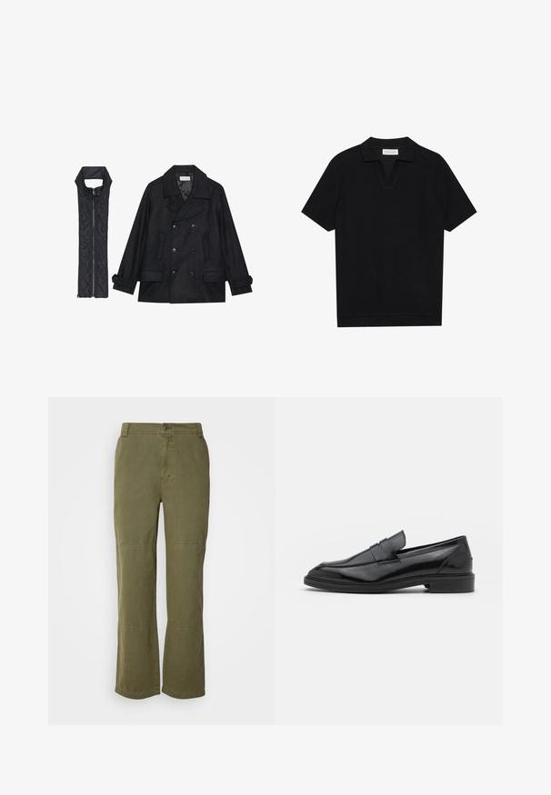 Crni vuneni kaput s dvostrukim kopčanjem i velikim ovratnikom, uparen s crnim bezrukavnim jaknom od mrežastog materijala sa zatvaračem na patent.; Crna polu-majica kratkih rukava s teksturiranim, rebrastim materijalom, s V-izrezom i ravnim rubom. Bez vidljivih logotipa ili uzoraka.; Maslinasto zelene pamučne hlače ravnog kroja, s vidljivim kopčanjem na dugme i naglascima na koljenima za dodatni detalj i strukturu.; Crne kožne mokasine s glatkom površinom, s okruglim vrhom i uskim pojasom preko gornjeg dijela. Nizak slojeviti potplat.
