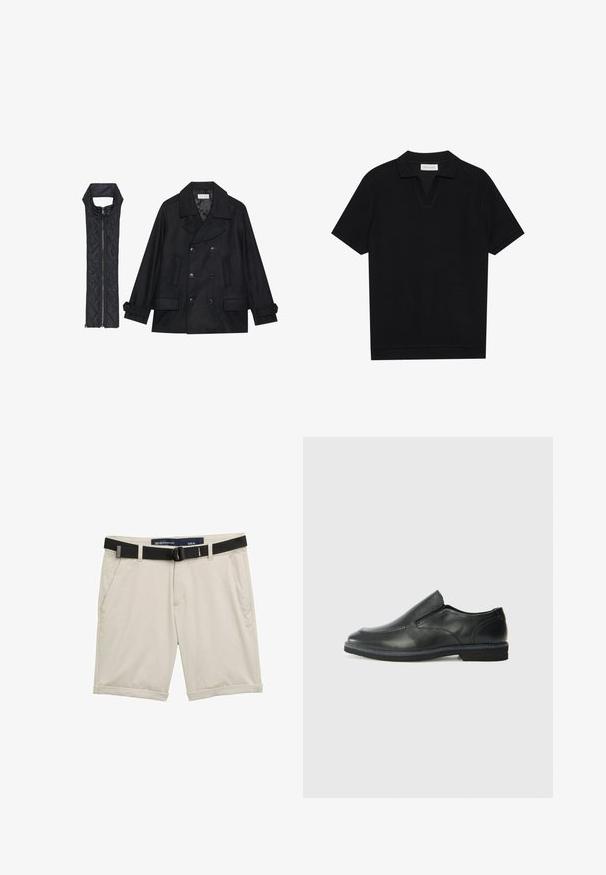 Schwarzer wollener Peacoat mit doppelt geknöpften Knöpfen und großem Kragen, kombiniert mit einer ärmellosen schwarzen gesteppte Weste mit Reißverschluss.; Schwarzes Kurzarm-Polohemd aus texturiertem, geripptem Stoff, mit einem V-Ausschnitt und geradem Saum. Keine sichtbaren Logos oder Muster.; Beige Shorts mit einem schwarzen verstellbaren Gürtel. Aus leichtem Stoff gefertigt, mit seitlichen Taschen und umgeschlagenen Säumen für einen lässigen Look. Größe M.; Schwarze Leder-Slipper mit glattem Obermaterial, gesteppten Akzenten, runder Zehenpartie und niedrigem Gummiabsatz. Die Sohle hat ein minimales Profil.