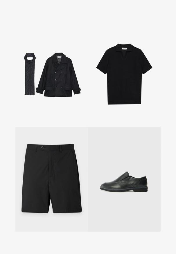 Čierny vlnený peacoat s dvojradovým zapínaním a veľkým golierom, skombinovaný s čiernou prešívanou vestou bez rukávov s rázporkom na zips.; Čierna polo tričko s krátkymi rukávmi, vyrobené z textúrovaného, rebrovaného materiálu, s véčkovým výstrihom a rovnými okrajmi. Bez viditeľných log a vzorov.; Čierne šortky vyrobené z ľahkej látky, s gombíkovým zapínaním, dvoma bočnými vreckami a rovný strih. Hladká textura a jednoduchý dizajn.; Čierny kožený nazúvací topánka s hladkým zvrškom, prešitými akcentmi, zaoblenou špičkou a nízkym gumovým podpätkom. Podošva má minimálny dezén.