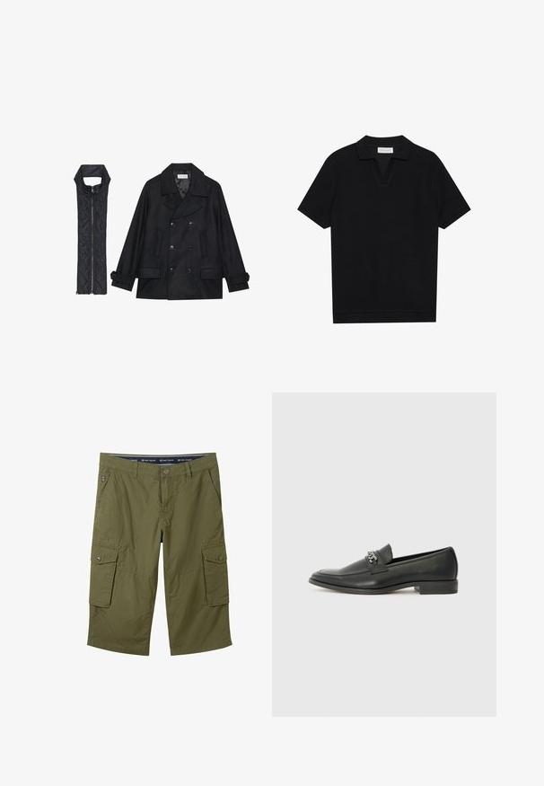 Black woolen peacoat with double-breasted buttons and large collar, paired with a sleeveless black quilted vest featuring a zip closure.; Black short-sleeve polo shirt with a textured, ribbed fabric, featuring a v-neckline and a straight hem. No visible logos or patterns.; Olive green cargo shorts made of lightweight fabric with two side pockets and two cargo pockets. Features a button closure and belt loops.; Black leather loafer with a smooth finish, featuring a stitched design and a decorative metal chain accent across the vamp. Flat heel.