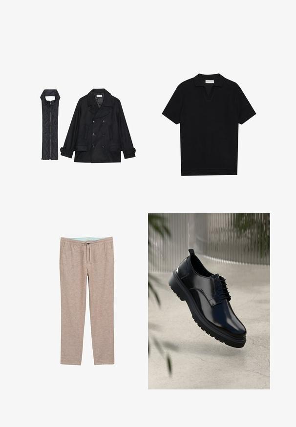 Manteau en laine noir à double boutonnage et grand col, associé à un gilet matelassé sans manches noir avec fermeture éclair.; Polo shirt noir à manches courtes avec un tissu texturé et côtelé, présentant un col en V et un ourlet droit. Pas de logos ni de motifs visibles.; Pantalons beige clair, à texture douce avec une coupe décontractée, dotés d'une taille élastique et d'un cordon de serrage pour un confort ajustable.; Chaussure en cuir noir avec une finition brillante, bout rond, design à lacets, surpiqûres contrastantes, et semelle épaisse en caoutchouc avec motifs de relief.