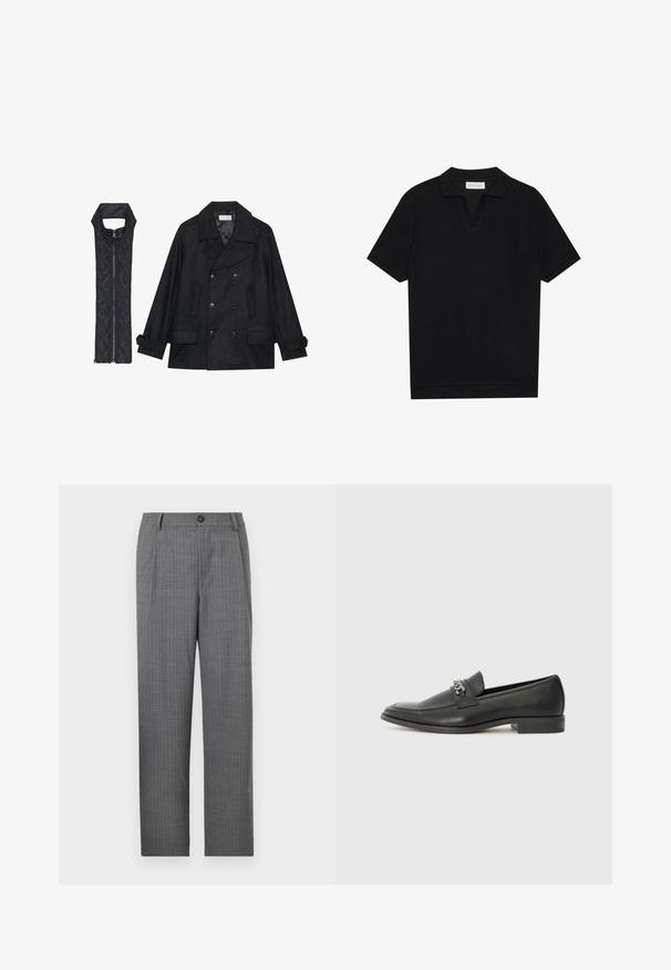 Black woolen peacoat with double-breasted buttons and large collar, paired with a sleeveless black quilted vest featuring a zip closure.; Black short-sleeve polo shirt with a textured, ribbed fabric, featuring a v-neckline and a straight hem. No visible logos or patterns.; Gray tailored trousers featuring a subtle striped pattern, a front button closure, and a straight-leg design. No visible pockets.; Black leather loafer with a smooth finish, featuring a stitched design and a decorative metal chain accent across the vamp. Flat heel.