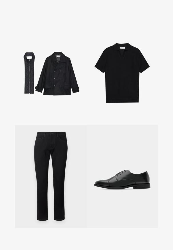 Juodas vilnonis pikoatė su dvigubais mygtukais ir dideliu apykakle, derinamas su juodu be rankovių pūkine liemene su užtrauktuku.; Juodas trumpas rankovėmis polo marškinėliai su tekstūruota, grioveliais audiniu, turi V formos iškirptę ir tiesų apačią. Nėra matomų logotipų ar raštų.; TOM TAILOR TTJOSH Regular - Prigludę džinsai - black denim; Juodas odinis džinsinis batų modelis su apvaliu galiuku, raišteliu ir subtiliomis siūlėmis, taip pat žemu kulnu. Lygus pavirčius su blizgiu apdaila.