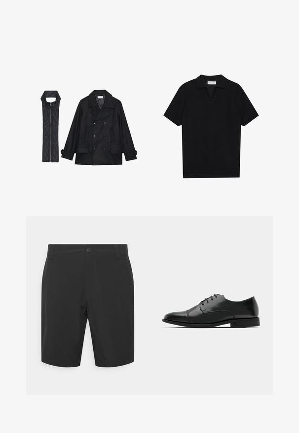 Juodas vilnonis pikoatė su dvigubais mygtukais ir dideliu apykakle, derinamas su juodu be rankovių pūkine liemene su užtrauktuku.; Juodas trumpas rankovėmis polo marškinėliai su tekstūruota, grioveliais audiniu, turi V formos iškirptę ir tiesų apačią. Nėra matomų logotipų ar raštų.; Juodi šortai, pagaminti iš lengvos medžiagos, su mygtuko uždarymu, lygiai priekyje ir šoninėmis kišenėmis. Lygus paviršius ir ilgis virš kelių.; Juodas odinis džinsinis batų modelis su apvaliu galiuku, raišteliu ir subtiliomis siūlėmis, taip pat žemu kulnu. Lygus pavirčius su blizgiu apdaila.
