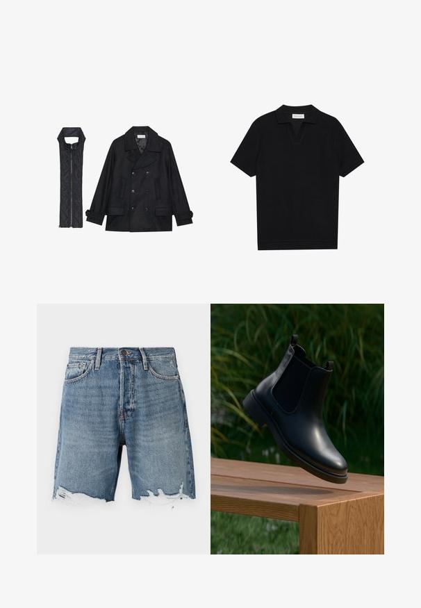 Mustast villast peacoat, millel on topelt nööbid ja suur krae, koos musta ilma varrukateta tikkimisega vestiga, millel on lukuga sulgemine.; Must päikesepolo särk mustas värvitoonis, valmistatud tekstuurses ribakangas, millel on V-kaelus ja sirge äär. Ilma nähtavate logode või mustriteta.; Heledad sinised teksapüksid, millel on kulunud äär, viie taskuga disain ja nähtav õmblus. Tal on nööbiga kinnihoidmine vööl.; Mustmustest musta saapad elastsete külgpaneelidega hõljumas puidust pingil, rohelise lehestiku taustal.