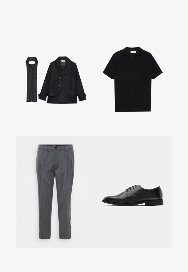 Black woolen peacoat with double-breasted buttons and large collar, paired with a sleeveless black quilted vest featuring a zip closure.; Black short-sleeve polo shirt with a textured, ribbed fabric, featuring a v-neckline and a straight hem. No visible logos or patterns.; Grey pinstriped trousers made of woven fabric, featuring a flat front, belt loops, and a single button closure. Tailored fit and hemmed cuffs.; Black leather dress shoe with a rounded toe, lace-up design, subtle stitching details, and a low heel. Smooth texture with polished finish.