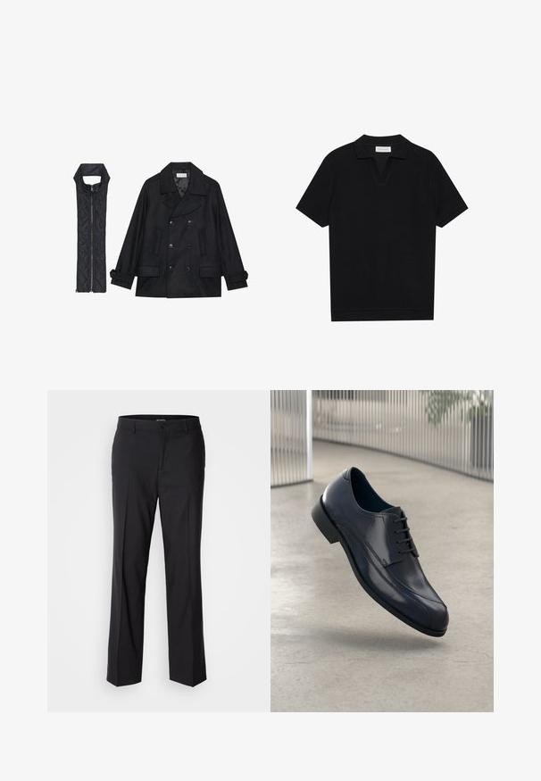 Mustast villast peacoat, millel on topelt nööbid ja suur krae, koos musta ilma varrukateta tikkimisega vestiga, millel on lukuga sulgemine.; Must päikesepolo särk mustas värvitoonis, valmistatud tekstuurses ribakangas, millel on V-kaelus ja sirge äär. Ilma nähtavate logode või mustriteta.; Mustad kohandatud püksid sirge säärega disainiga, mis sisaldavad nööbikinnitust ja vöökumme, valmistatud sujuvast kangast, millel pole nähtavaid mustreid.; Läike must nahkne king, millel on paelad, hõljuv siledate heledate halli põranda kohal ning taustal vertikaalsed metallist vardad.
