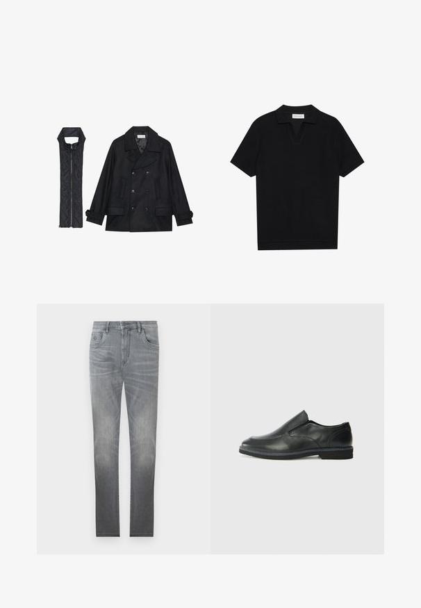 Črn volnen plašč z dvojnimi gumbi in velikim ovratnikom, v kombinaciji z brezrokavnikom iz črnega prešitega materiala z zadrgo.; Črna polo majica s kratkimi rokavi iz strukturirane rebraste tkanine, z V-izrezom in ravnim robom. Brez vidnih logotipov ali vzorcev.; Sivi jeans iz denima z zbledelim dizajnom, petimi žepi, z gumbom za zapiranje in ravnim krojem. Gladka tekstura z rahlim obrabljenjem na robovih.; Črne usnjene natikače z gladkim zgornjim delom, prišitimi detajli, zaobljenim nosom in nizkim gumijastim petkom. Podplat ima minimalen profil.