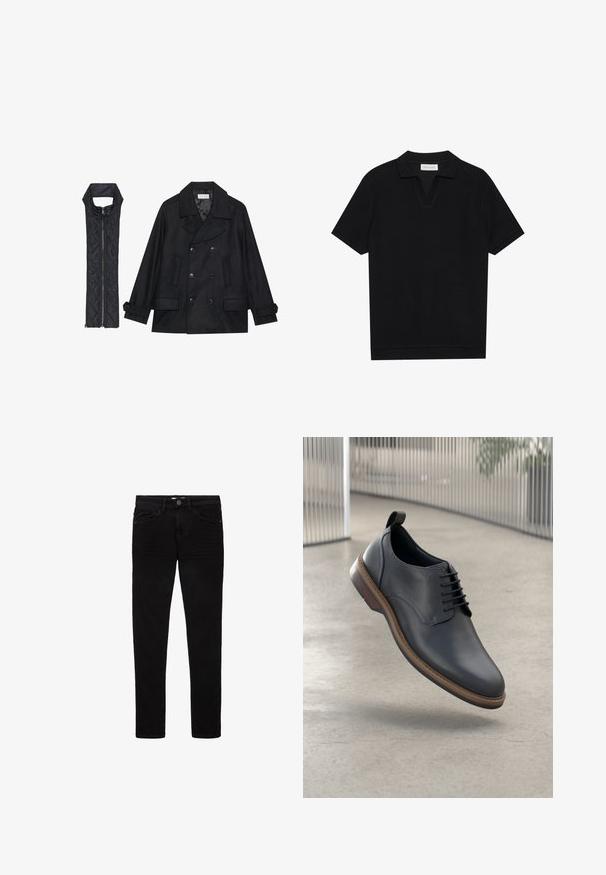 Fekete gyapjú peacoat dupla gombolással és nagy gallérral, melyet egy ujjatlan fekete steppelt mellénnyel párosítanak, amely cipzárral záródik.; Fekete, rövid ujjú pólóing texturált, bordázott anyagból, v-nyakkivágással és egyenes aljjal. Nincsenek látható logók vagy minták.; Fekete farmernadrág, slim fit szabással, öt zsebbel és gombos záródással. Simább textúra és minimális varrási részletek.; Férfi fekete bőr öltönycipő kerek orral, részletes varrással, kiemelkedő fűzőkkel és barna talprésszel. Húzófüllel tervezve.