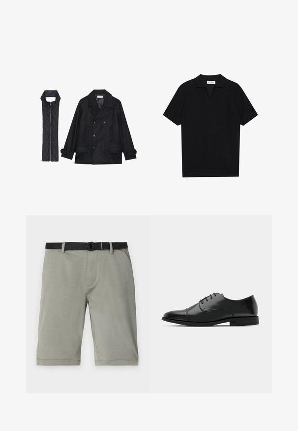 Crni vuneni kaput s dvostrukim kopčanjem i velikim ovratnikom, uparen s crnim bezrukavnim jaknom od mrežastog materijala sa zatvaračem na patent.; Crna polu-majica kratkih rukava s teksturiranim, rebrastim materijalom, s V-izrezom i ravnim rubom. Bez vidljivih logotipa ili uzoraka.; Sive kratke hlače od teksturiranog materijala, s crnim remenom, standardnim džepovima i rubom koji završava malo iznad koljena.; Crne kožne cipele s okruglim prstom, s vezanjem, suptilnim detaljima šivanja i niskim potplatima. Glatka tekstura s poliranim finišem.