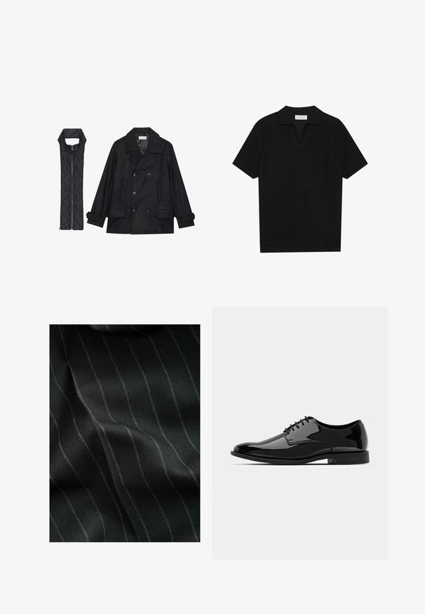 Schwarzer wollener Peacoat mit doppelt geknöpften Knöpfen und großem Kragen, kombiniert mit einer ärmellosen schwarzen gesteppte Weste mit Reißverschluss.; Schwarzes Kurzarm-Polohemd aus texturiertem, geripptem Stoff, mit einem V-Ausschnitt und geradem Saum. Keine sichtbaren Logos oder Muster.; Schwarzer Stoff mit einem Fischgrätmuster und feinen weißen Streifen. Die Textur wirkt glatt mit subtiler Tiefe durch die Webart.; Schwarze Lackleder-Schuh mit abgerundetem Zeh, Schnürdesign und glatter, glänzender Oberfläche. Verfügt über eine flache Gummisohle.