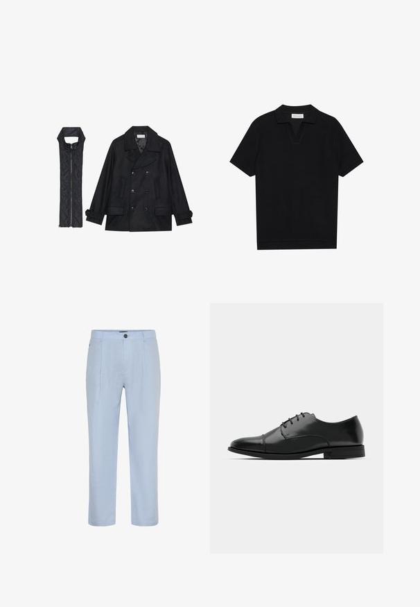 Mustast villast peacoat, millel on topelt nööbid ja suur krae, koos musta ilma varrukateta tikkimisega vestiga, millel on lukuga sulgemine.; Must päikesepolo särk mustas värvitoonis, valmistatud tekstuurses ribakangas, millel on V-kaelus ja sirge äär. Ilma nähtavate logode või mustriteta.; Heledad sinine lina pükste sirge jala disainiga, ees volditud, ja ühe nööbiga kinnitatavad. Sile tekstuur ja nähtamatud mustrid.; Must must esine tugeva varbaga, luku kinnitusega, peente õmblustete detailidega ja madala kontsaga. Sile tekstuur ja poleeritud viimistlus.