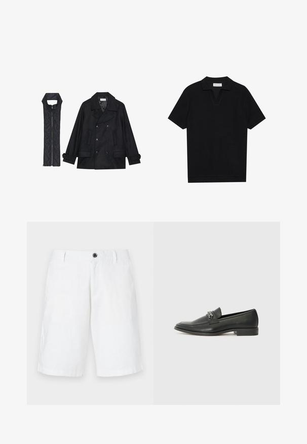 Črn volnen plašč z dvojnimi gumbi in velikim ovratnikom, v kombinaciji z brezrokavnikom iz črnega prešitega materiala z zadrgo.; Črna polo majica s kratkimi rokavi iz strukturirane rebraste tkanine, z V-izrezom in ravnim robom. Brez vidnih logotipov ali vzorcev.; Bela lanena kratka hlače z ohlapnim krojem, z enim gumbom za zapiranje, zanko za pas in stranskimi žepi. Gladka tekstura in ravna obroba.; Črni usnjeni loafer z gladko površino, ki ima šivano zasnovo in dekorativni kovinski verižni naglas preko vampirja. Ravno peto.