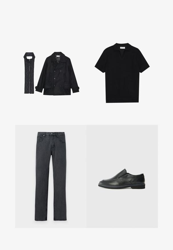 Juodas vilnonis pikoatė su dvigubais mygtukais ir dideliu apykakle, derinamas su juodu be rankovių pūkine liemene su užtrauktuku.; Juodas trumpas rankovėmis polo marškinėliai su tekstūruota, grioveliais audiniu, turi V formos iškirptę ir tiesų apačią. Nėra matomų logotipų ar raštų.; Tamsiai pilki džinsai su tiesiu kirpimu, turintys penkias kišenes, sagčių užsegimą ir subtilias siuvimo detales.; Juodai odiniai įtvirtinimo batai su lygiu paviršiumi, siuvinėjimo akcentais, apvalia nosimi ir žemu guminiu kulnu. Pado raštas minimalus.