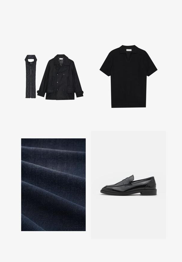 Melnā vilnas jaka ar dubulto pogu rindas un lielu apkakli, apvienota ar bez piedurknēm melnu piepūšamā vesta ar rāvējslēdzēju.; Melns īsām piedurknēm polo krekls ar teksturētu, ribotu audumu, ar V veida kakla izgriezumu un taisnu apakšmalu. Bez redzamām emblēmām vai rakstiem.; Tumši zili denima audums ar ribotu tekstūru, kurā redzami kreki un viļņi, uzsverot tā svaru un izturību.; Melnas ādas loafers ar gludu virsmu, ar noapaļotu purngalu un šauru joslu pāri augšdaļai. Zems kaudzes papēdis.