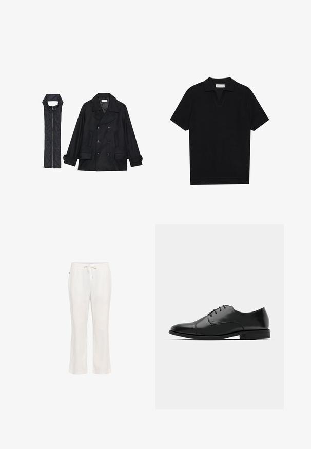 Zwarte wollen peacoat met dubbele knopen en grote kraag, gecombineerd met een mouwloze zwarte gewatteerde vest met ritssluiting.; Zwarte polo met korte mouwen van een gestructureerde, ribbelstof, met een V-hals en een rechte zoom. Geen zichtbare logo's of patronen.; Lichtgewicht, witte linnen broek met een elastische tailleband en een trekkoord. Rechte pijp ontwerp met een gladde textuur en geen opmerkelijke patronen.; Zwarte leren dresschoenen met een ronde neus, vetersluiting, subtiele stiksels en een lage hak. Glad oppervlak met gepolijste afwerking.