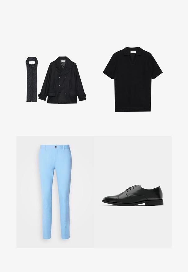 Black woolen peacoat with double-breasted buttons and large collar, paired with a sleeveless black quilted vest featuring a zip closure.; Black short-sleeve polo shirt with a textured, ribbed fabric, featuring a v-neckline and a straight hem. No visible logos or patterns.; Light blue cotton trousers with a straight cut, featuring a front button closure and side pockets. Smooth texture and no visible patterns.; Black leather dress shoe with a rounded toe, lace-up design, subtle stitching details, and a low heel. Smooth texture with polished finish.