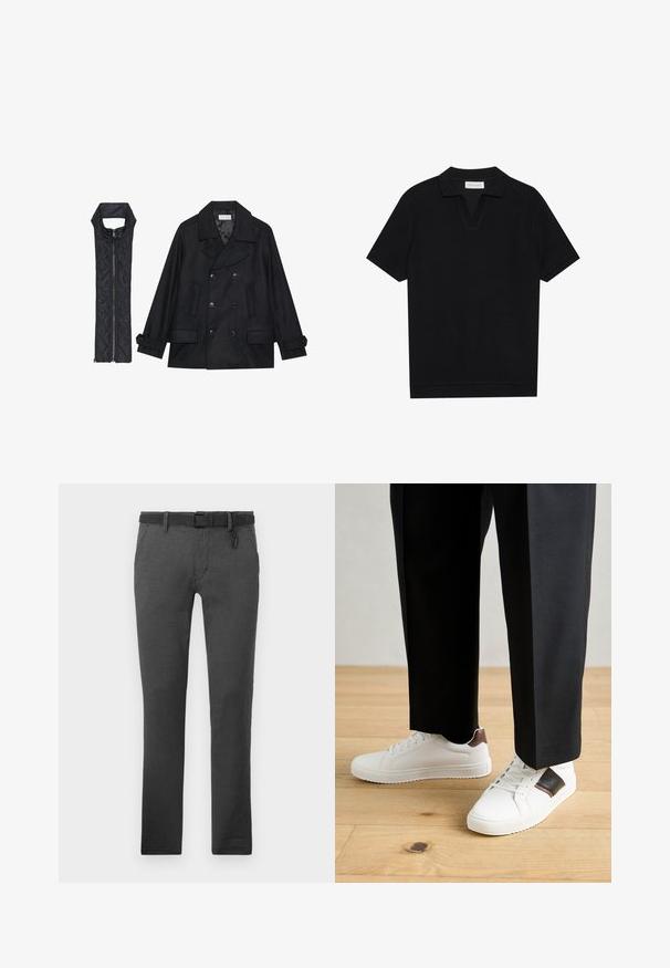 Juodas vilnonis pikoatė su dvigubais mygtukais ir dideliu apykakle, derinamas su juodu be rankovių pūkine liemene su užtrauktuku.; Juodas trumpas rankovėmis polo marškinėliai su tekstūruota, grioveliais audiniu, turi V formos iškirptę ir tiesų apačią. Nėra matomų logotipų ar raštų.; Tamsiai pilki kelnių pagaminti iš tekstūruoto audinio, su juoda diržu, diržo kilpomis ir dviem šoninėmis kišenėmis. Tiesus kojų dizainas, be matomų raštų.; Balti sportbačiai su glotnia danga, puošti rudais odiniais akcentais ir juodais detalėmis, derinami su juodais pritaikytais kelnėmis. Medinių grindų fonas.