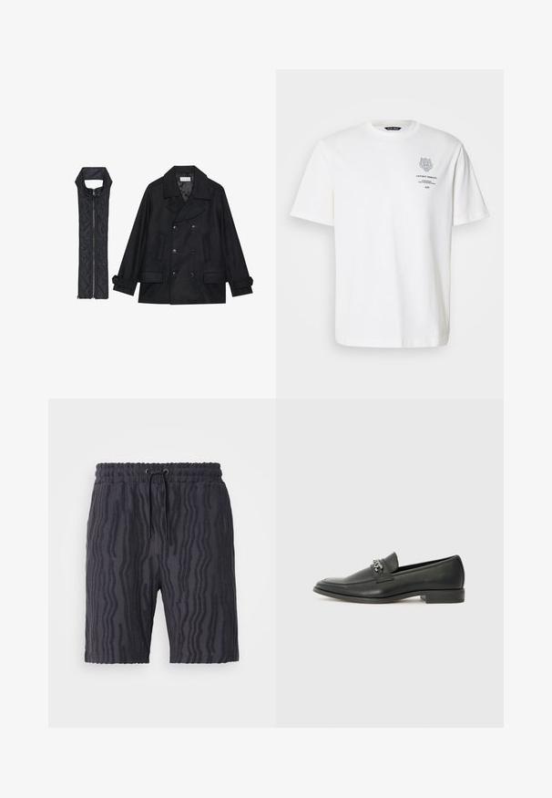 Fekete gyapjú peacoat dupla gombolással és nagy gallérral, melyet egy ujjatlan fekete steppelt mellénnyel párosítanak, amely cipzárral záródik.; Fehér pamut póló kerek nyakkivágással, rövid ujjakkal és szürke nyomtatott logóval és szövegtervvel az elején.; Fekete rövidnadrág texturált hullámmintával, elasztikus derékpánttal és állítható zsinórral, puha, könnyű anyagból.; Fekete bőr loaferek sima felülettel, varrott mintával és díszítő fém lánccal a cipő elején. Lapos sarok.